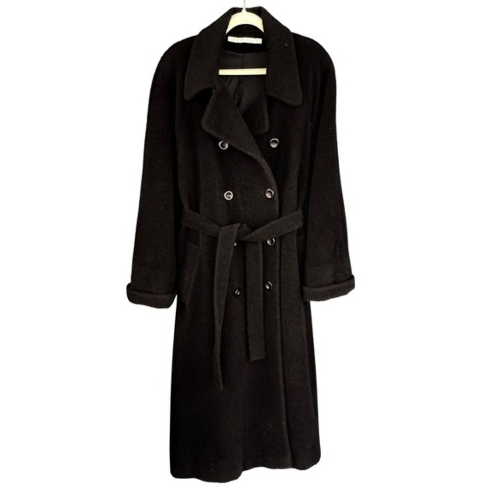 90s Y2K‎ Vintage Perry Ellis Black Alpaca Wool Long Sherpa Belted Trench Coat